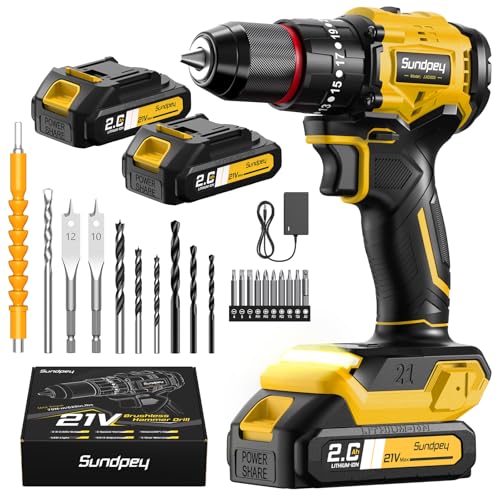 Sundpey Perceuse Visseuse Sans Fil 21V - Max 70Nm Perceuse à Percussion Brushless avec 2 Batteries 2.0Ah, 23+3 Réglages de Couple, Mandrin 10mm, LED, 2...