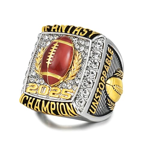 2025 Fantasy Football Champion Ring with Brown football Raised - Premium Unstoppable Trophy Ring with Zircon - Commemorative Gift for Fantasy League Winners​