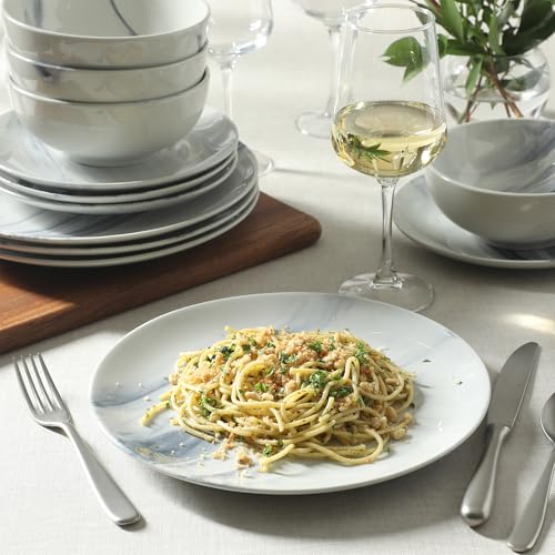 Image of Gibson Home Cloudlight 12 Piece Plates and Bowls Dishes Blue and White - Decorated Porcelain Ceramic Dinnerware Set - Service for 4