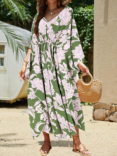 Image of Moss Rose Kaftan Dresses for Women V Neck Summer Swimsuit Cover up Caftan Maxi Beach Dresses