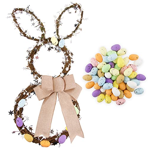 Decoração Páscoa coroa de coelhos com laço Oropel de estrelas ovos cores Páscoa ornamento suspenso para porta pátio jardim casa festa de Páscoa