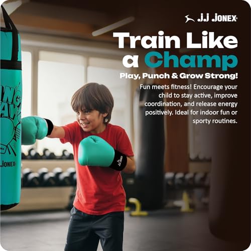 Image of JJ Jonex Sports Kids Boxing Punching Bag Set - Heavy Boxing Bag, Gloves, MMA, Home Gym & Martial Arts Training Equipment | for Boys & Girls for Age 3 4 5 6 7 8 Years |Blue Color |