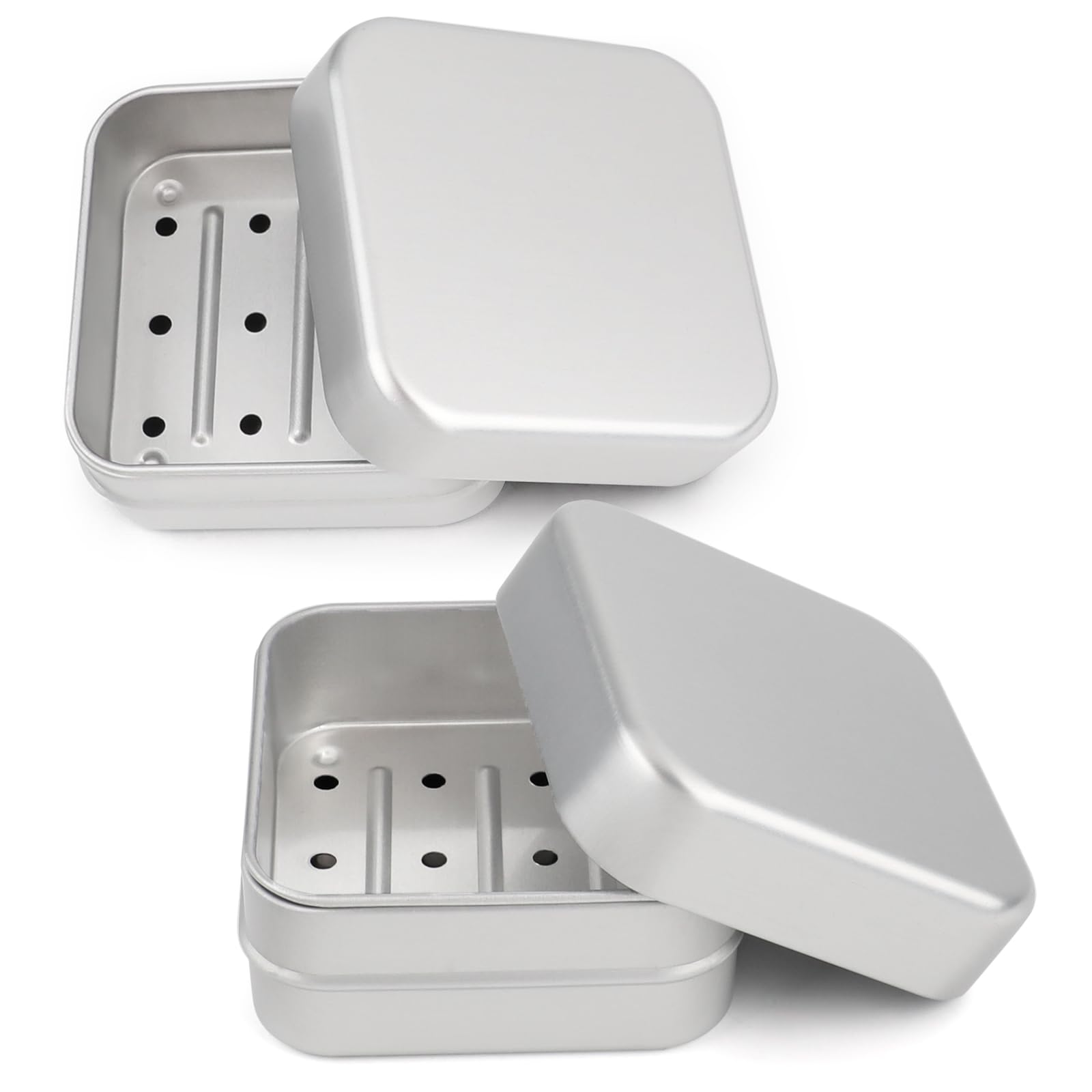 2PCS Aluminum Travel Soap Container with Lid Self Draining Soap Dish Metal Storage Rack, Square Portability Moisture Resistant Metal Soap Holder Home or Travel(3 x 3 x 1.5 Inch)