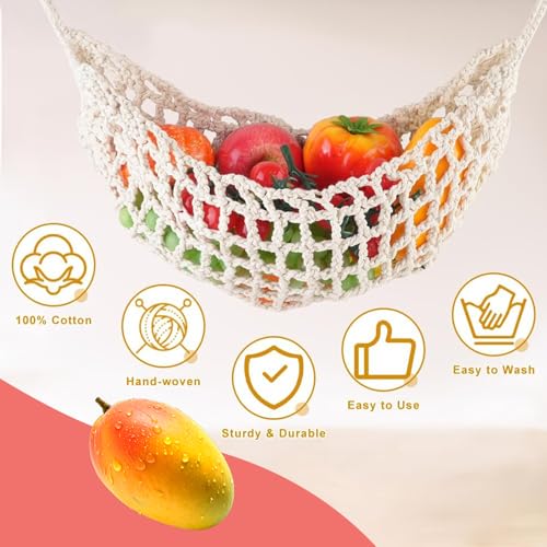 Sprießen Obst-HäNgematte,Obst Und GemüSe,Frucht GemüSe HäNgematte 68cm,Handgewebt Makramee HäNgen,Mit 4 Haken 2 S-Aufbewahrungshaken,Obstkorb,Platzsparender Organizer FüR KüChe Zuhause Wohnmobile