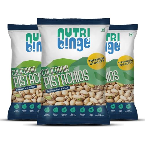 Image of NUTRI BINGE Pistachios (Pista 100 Grams) - Pack of 3, Premium California Roasted and Salted Pista Dry Fruits, Fresh Nutrient Rich Vegan Healthy Snacks