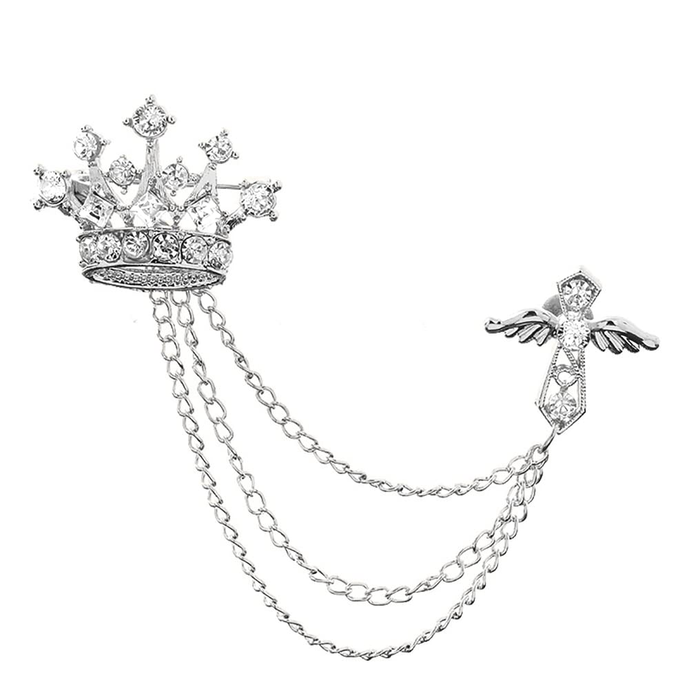 Crystal Crown Cross Chain Brooch Pin,Long Chain Tassel Wing Suit Lapel Pin Rhinestone Crown Badge Pin Jewelry for Women Men Birthday Gifts