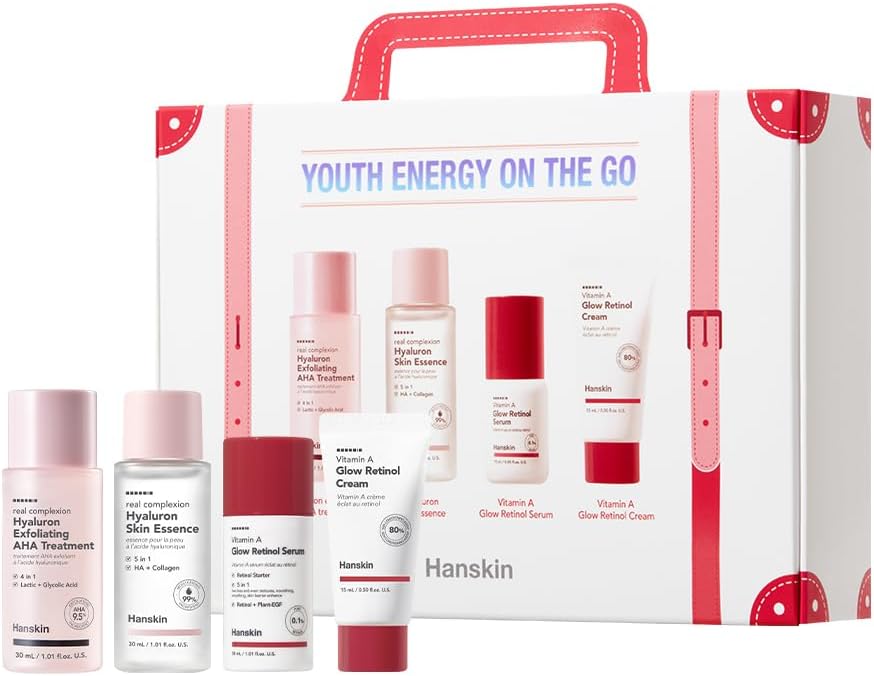 Hanskin Youth Energy On The Go Kit – Retinol & AHA Mini Skincare Set with Essence, Toner, Serum & Cream | TSA-Friendly Anti-Aging Travel Kit, Christmas Gift for Women, Stocking Stuffer