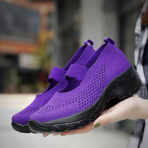 Women's Knitting Platform Wedge Walking Shoes Comfortable Breathable Mesh Elastic Ankle Strap Arch Support Gym Running Sneaker3
