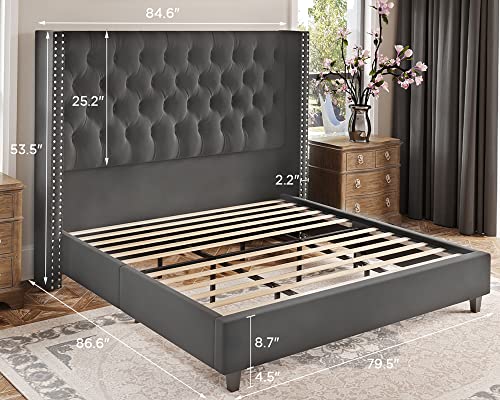 Jocisland King Bed Frame Upholstered Bed Wingback Headboard Velvet Tufted Deep Button/No Box Spring Needed/Easy Assembly/Dark Gray #TOP1