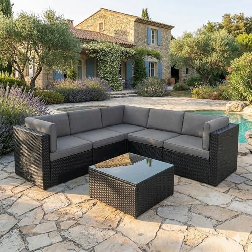 Salon de Jardin d'Angle 5 Places Bimini - Résine Tressée Noire et Coussins Gris - Mobilier d'Extérieur Modulable pour Terrasse et Jardin, Structure Acier...