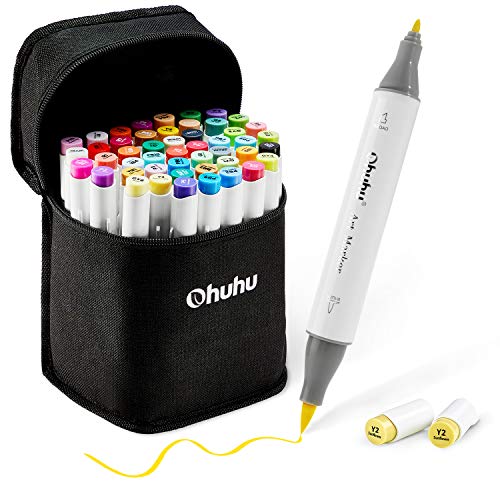 Ohuhu Alcohol Brush Markers, Double Tipped Sketch Markers for Artist, Coloring Art Markers for Kids, Adults Coloring Book, 48 Unique Colors + 1 Alcohol Marker Blender + Marker Case, Brush & Fine
