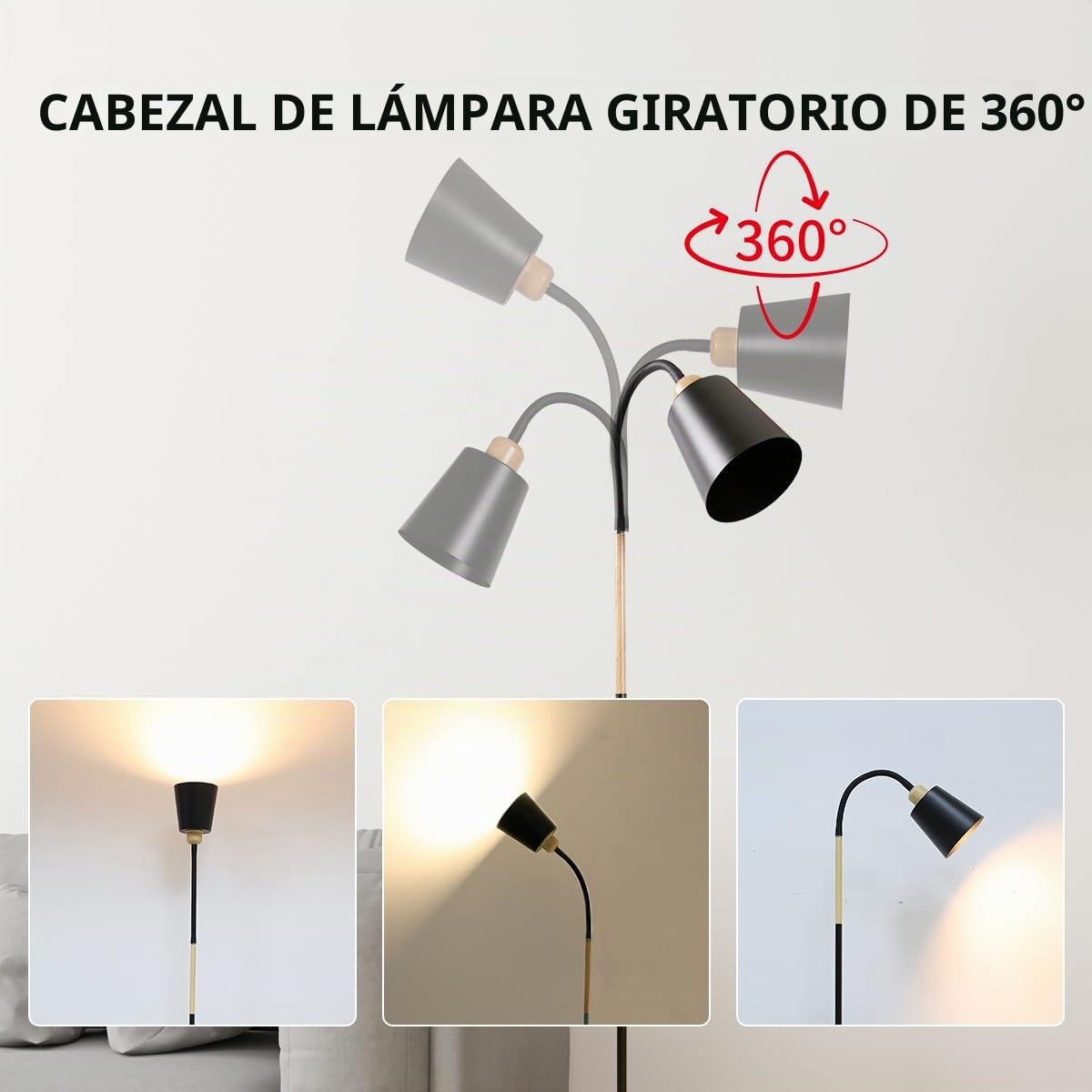 ANTENLICHT VILI | Lámpara de pie para salón y dormitorio, E27, orientable 360°, máx. 60 W, para lectura en sofá o dormitorio, lámpara de pie de metal negro de 159 cm (sin bombilla)