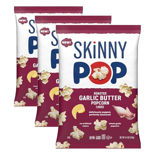 Image of SkinnyPop Roasted Garlic Butter Popcorn, Whole Grain Gluten-Free Snack, 4.4 oz Bag (Pack of 3)