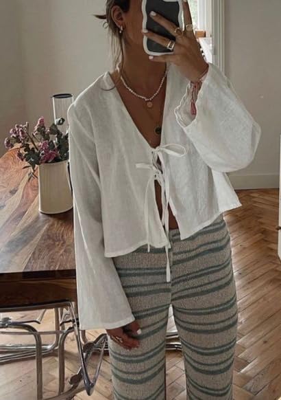 Chvity Tie Front Tops for Women Y2K Linen Shirts Flare Sleeve V Neck Going Out Coquette Clothes Casual Lace Up Bow Blouses4