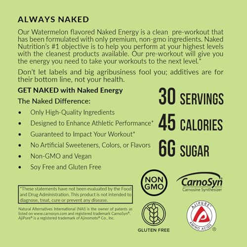 Image of NAKED Watermelon Energy - Clean Pre Workout Supplement for Men and Women, NSF Certified, Vegan Friendly, No Added Sweeteners, Colors Or Flavors - 30 Servings