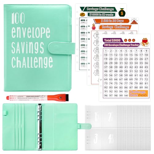 Fettwal 100 Envelope Saving Challenge, Sparbuch für Geld Challenge, A5 Geld Sparen Challengers Geldsparmappe, mit 3 Speicherkarten & Aquarellstift, Sparbuch für Haushaltsgeld Sparchallenge (Grün)