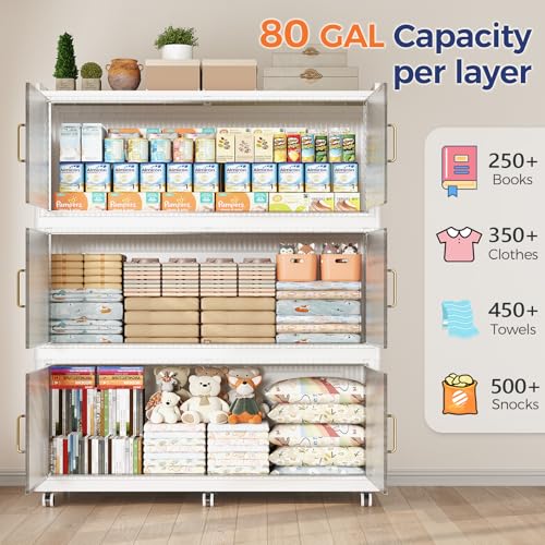 Image of 240 Gallon Extra Large Collapsible Storage Bin with Lid, 960QT Stackable Plastic Organizer with 6x Wheels, Foldable Drawer Cabinet for Closet, Living Room Office, Kitchen 3Pack, White