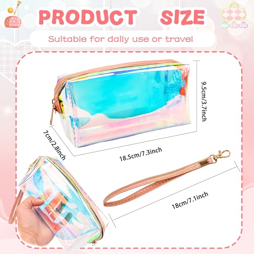 10 Pcs Holographic Clear Makeup Bags Iridescent Cosmetic Bags Travel Cosmetic Bags with Zipper Wrist Loop Waterproof Toiletries Organizer for Home Office Wedding Bachelorette Use2