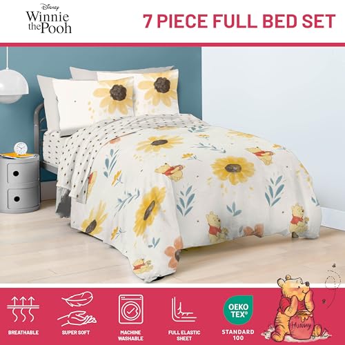 Image of Disney Winnie The Pooh Full Size Comforter Set 7 Piece Bedding, Beige | Bed in a Bag, Comforter Sheets Shams Pillowcases, Official Product, Soft Microfiber, Machine Washable, Kids Gift