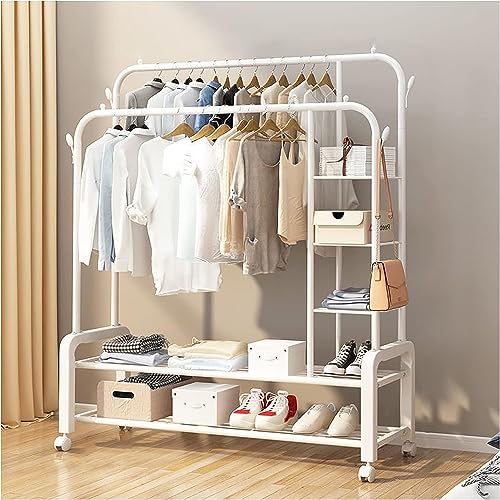 Image of LEOPAX Heavy Duty Metal Double Rod Clothe Rail, 5-Tier Coat Garment Rack with 4 Side Hooks, Multipurpose Cloth Stand for Bedroom, Livingroom, Hallway - (White, 120 x 45 x 160cm)