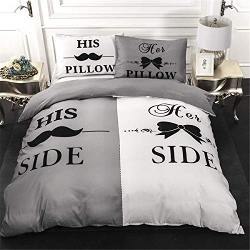 His Side Her Side Bedding Set Couple Duvet Cover Set Beige Gray Duvet Cover with 2 Pillowcases Soft Microfiber Quilt Cover for All Season Sweet Love Duvet Cover Queen Size 90"x90" (Not Comforter)