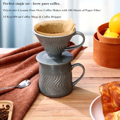Image of Ceramic Pour Over Coffee Maker with 100 Sheets of Paper Filter, 16 oz Coffee Mugs & Coffee Dripper,Grey