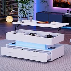 Qmtxbyj RTAB003 Höhenverstellbarer Couchtisch mit LED Weiß