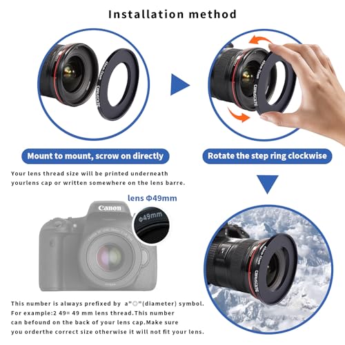 Adaptateur d'objectif métallique 49 mm vers 55 mm bague step-up fine avec microfibre de nettoyage - 3