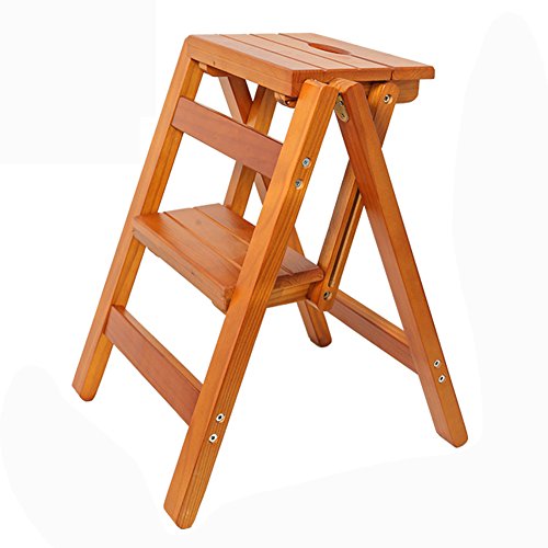asdchZen Escalera De Madera Maciza De 2 Peldaños, Taburete, Silla Plegable Multifuncional para El Hogar, Escalera Pequeña De Doble Uso para Interiores, Color Nogal Amarillo.