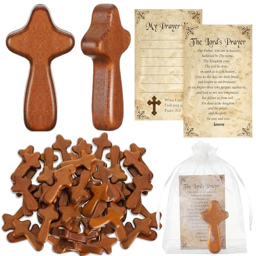 Kigley 60 Set Mini Wood Holding Crosses Bulk 60 Small Pocket Hand Crosses 60 Prayer Cards 60 Bags for Christmas Christian Church Jesus Cross Gift Bulk (Leaves,Organza)