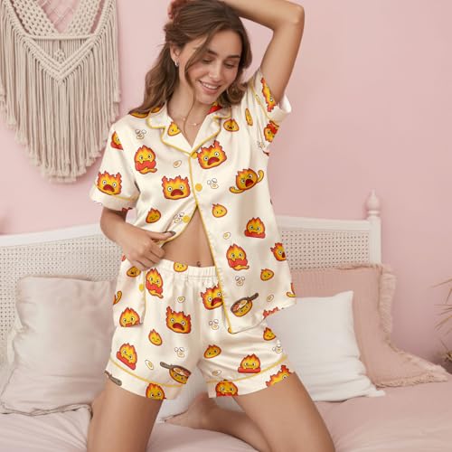 Image of Women 2PCs Satin Pajama Set Short Sleeve Silk Feel Gift Sleepwear | Soft stretch satin; relaxed comfort fit sizes S-3XL for sleep & lounge; short sleeve top, elastic waist shorts; easy care