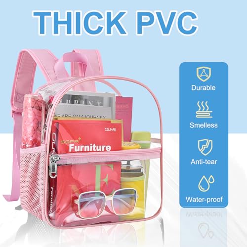 Image of Busiuw Clear Backpack for Stadium Events 12x12x6 Mini Small Sports Fan Backpacks with Front Pocket for Concert Sport Events Work Travel(Pink)