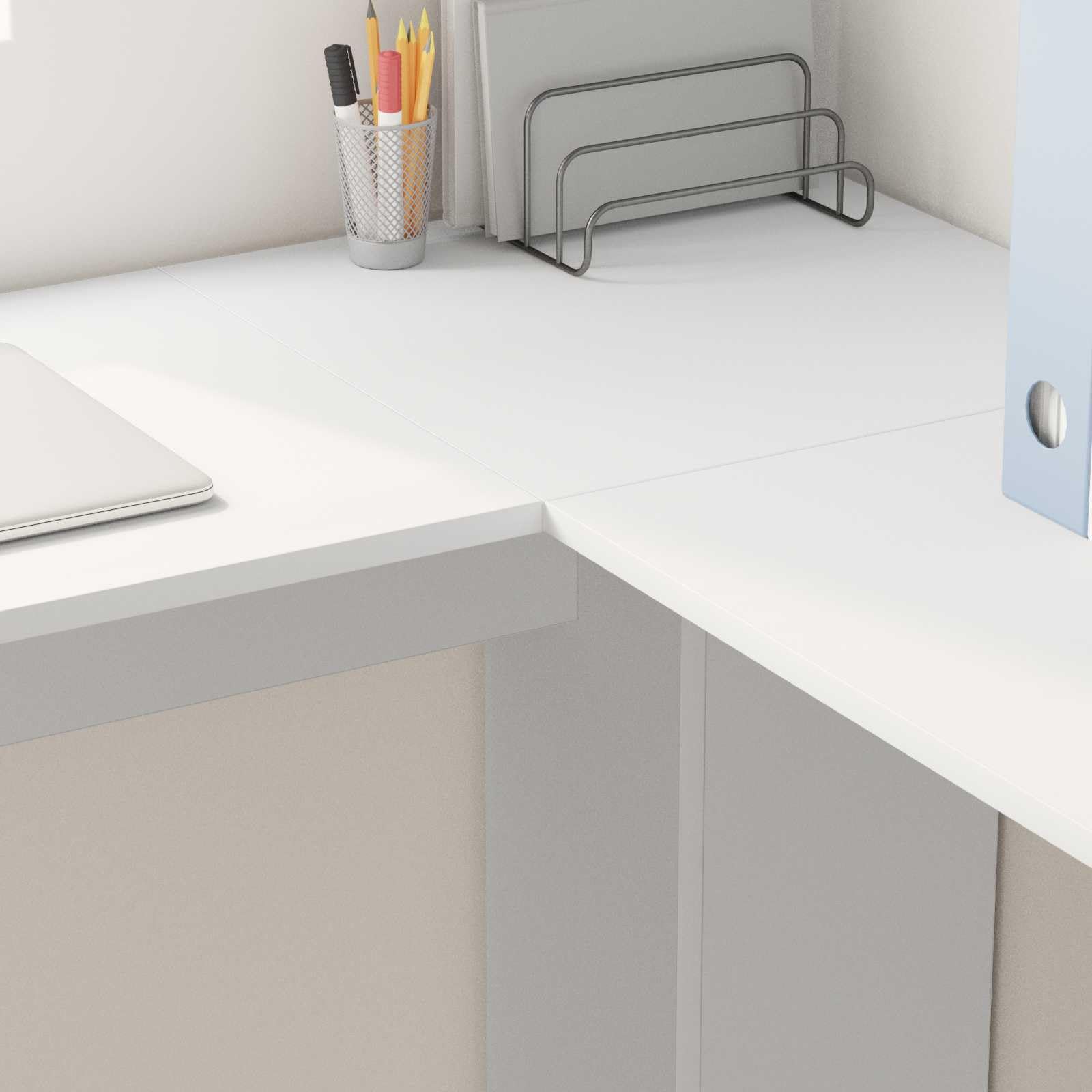 Scrivania ad angolo bianco in legno ingegnerizzato con ripiano e cassetto, tavolo per ufficio casa studio, postazione lavoro salvaspazio per computer e gaming