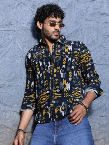 Image of Thomas Scott Men Slim Fit Pure Cotton Corduroy Floral Printed Semi-Formal Shirt