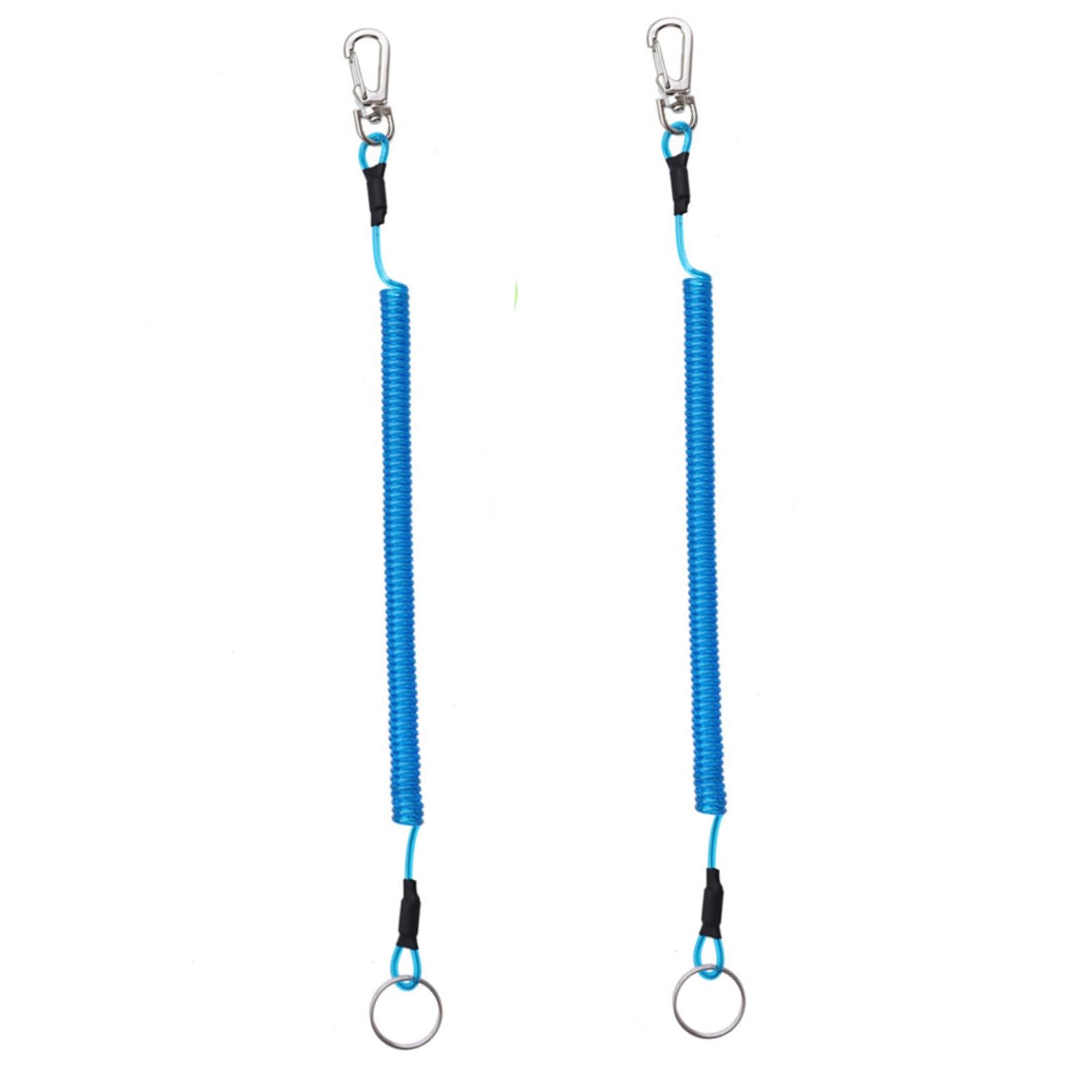 2PCS Fishing Lanyard Spiral Keyring Heavy Duty Retractable Coiled Tether with Carabiner and Split Ring for Pliers, Boating, Tools, Blue