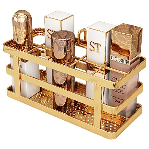 Fosenw 2-layer Golden Cosmetic Storage Rack,Bedroom Countertop Organizer Basket,Dressing Table Storage Shelf Including Lipstick and Makeup Brush Holder,Golden
