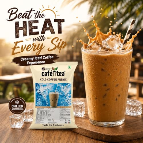 Image of Cafe N Tea Cold Coffee Premix Powder 1kg (Pack of 2 x 500g) Instant Drink Mix Cafe Style Iced Coffee Rich Creamy Easy to Make Makes 40 Glasses