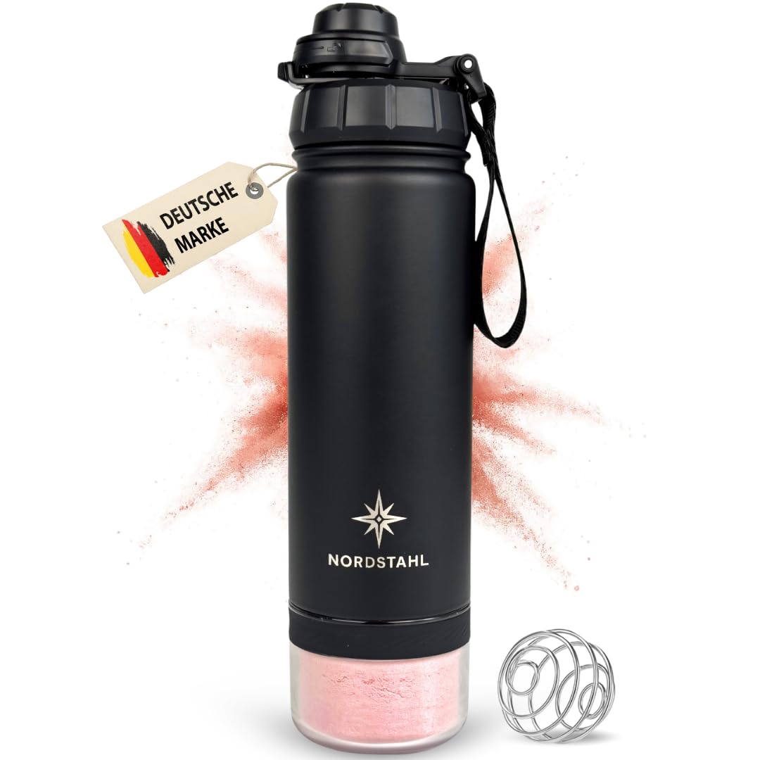 Nordstahl Midnight Black Shaker With Powder Compartment, Shaker 500 Ml, Thermal Shaker, Up To 24 Hours Ice Cold Shakes, Protein Shaker Stainless Steel With Ball, Bpa-Free And Leak-Proof (Night Black)