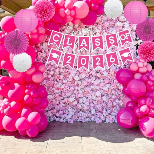 Image of Hotpink Graduation Party Decoration Class 2026 Banner Hanging Pom Poms Flowers High School College Grad Supplies