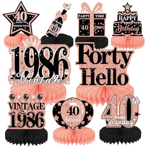 Image of 40th Birthday Decorations Woman - 9PCS Vintage 40th Birthday Party Table Decorations Rose Gold Table Honeycomb Centerpiece Decorations Supplies for Forty Year Old Party Women