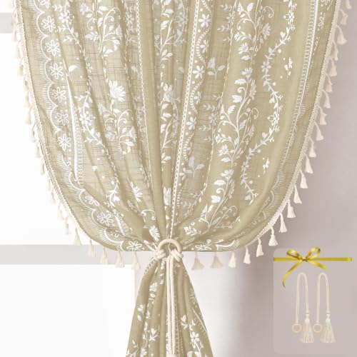 Image of Yinhua Boho Curtains for Living Room 84 Inch Length Vintage Linen Natural Curtains for Bedroom Light Filtering Floral Window Curtain Rod Pocket & Back Tabs Farmhouse Rustic Tassel Drapes with Tiebacks