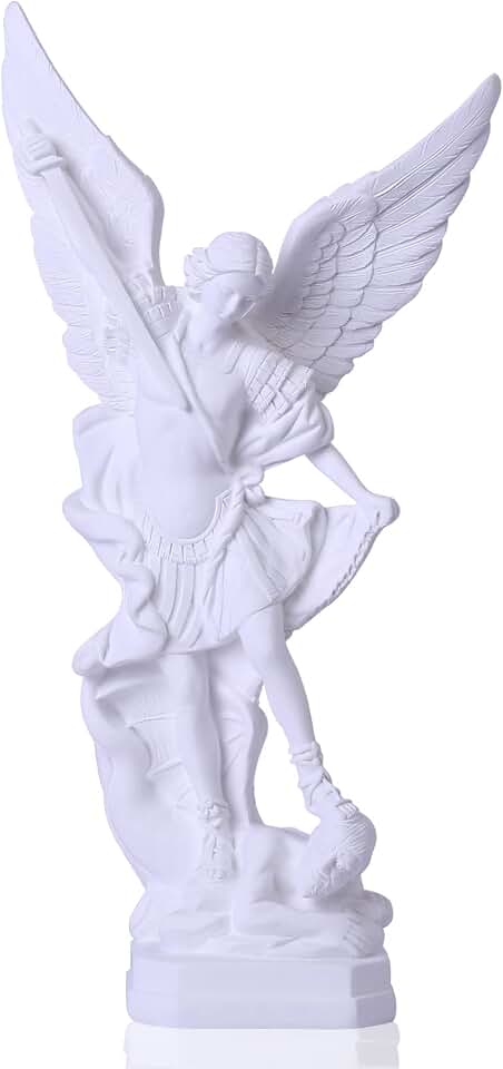 Estatua Blanca de San Miguel Arcángel de 31,5 cm, Estatua de San Miguel en Religión de Resina, Figuras de San Miguel Arcángel victoriosamente sobre Satán, Adecuada para colección o decoración