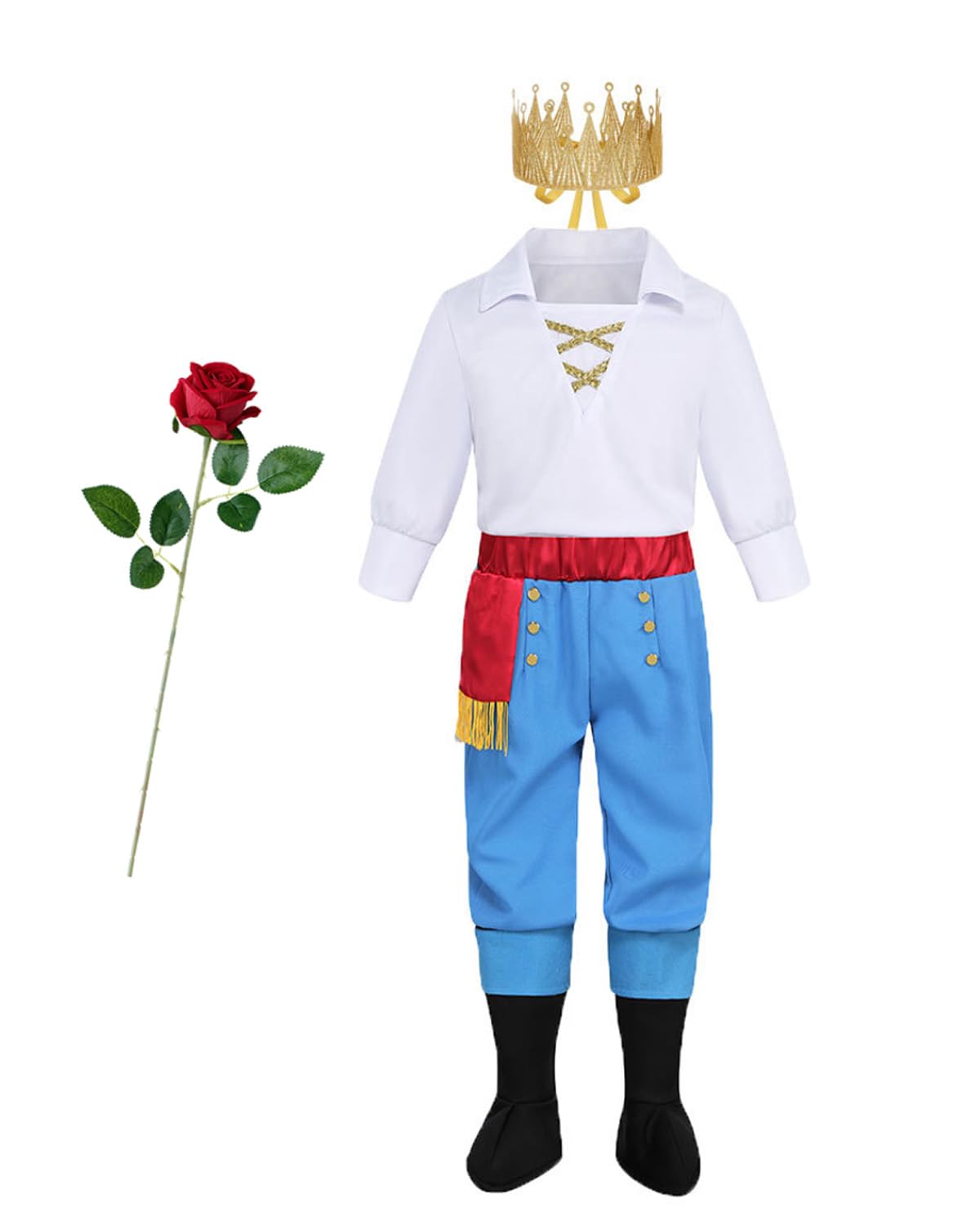 Koongso Royal Prince Costume for Boys Kids Little Mermaid Prince Eric Tops Pants Foot Covers Crown Artificial Rose Set Carnival Dress Up, S