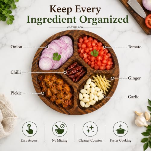 Image of Wooden Kitchen Preparation Tray | Wooden Vegetable & Masala Organizer | Chopping Prep Board with 5 Compartments | Dry Fruit, Snack & Spice Serving Tray | 10 Inch (Preparation Tray)
