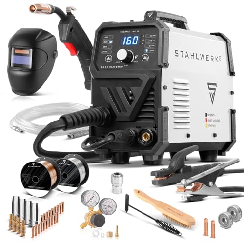 STAHLWERK MIG MAG 160 M Equipement complet Poste de soudage IGBT Appareil combiné 5 en 1 entièrement synergique avec véritable 160 ampères et 2 rouleaux d'entraînement/fil fourré, MIG MAG, ARC MMA