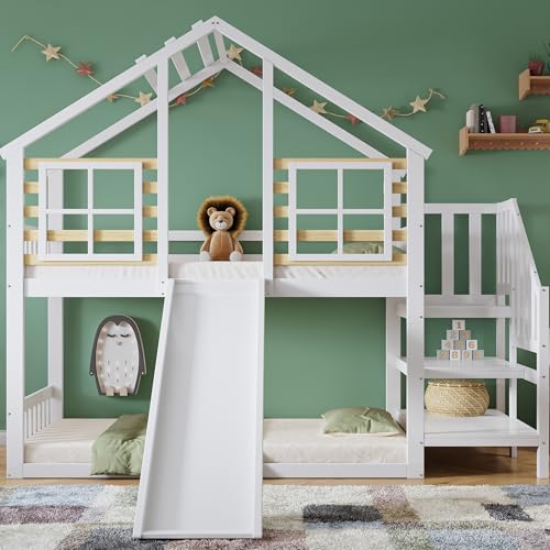 Aoskem Kinderbett Etagenbett 90x200, Hochbett Hausbett Holzbett mit Treppe & Rutsche, Bettgestell mit Rausfallschutz und Gitter, Bett mit 1x Lattenrost, Bettrahmen aus Massivholz, Ohne Matratze, Weiß