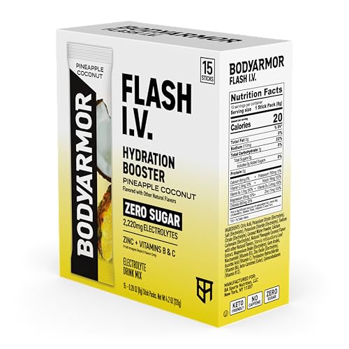Image of BODYARMOR Flash I.V. Electrolyte Packets, Pineapple Coconut, Zero Sugar Drink Mix, Single Serve Packs, Coconut Water Powder, Hydration for Workout, Travel Essential, Add Sticks to Liquid (15 Count)
