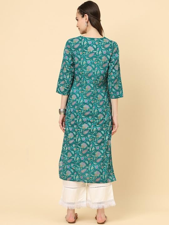 Varanga Womens Turquoise Blue Floral Printed Straight Kurta  Elegant, Comfortable, And Stylish For Women (Medium)