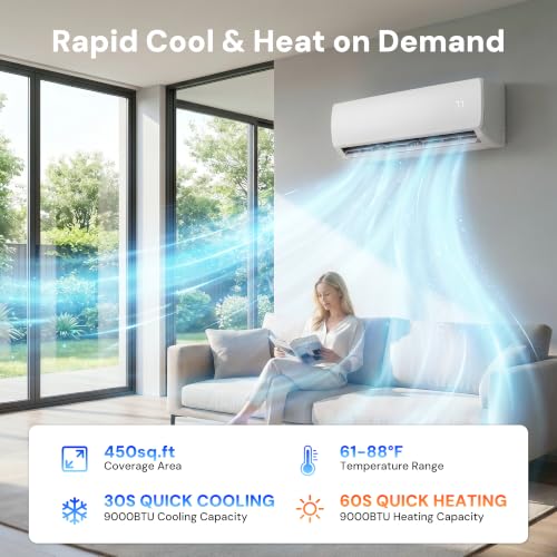 Image of MEPTY 9000BTU Mini Split AC /Heating System, 19 SEER2 Energy Efficient Mini Split Air Conditioner with Heat Pump, 110V Cools Up to 450sq.ft, Ductless Inverter AC Unit with Pre-Charged Condenser