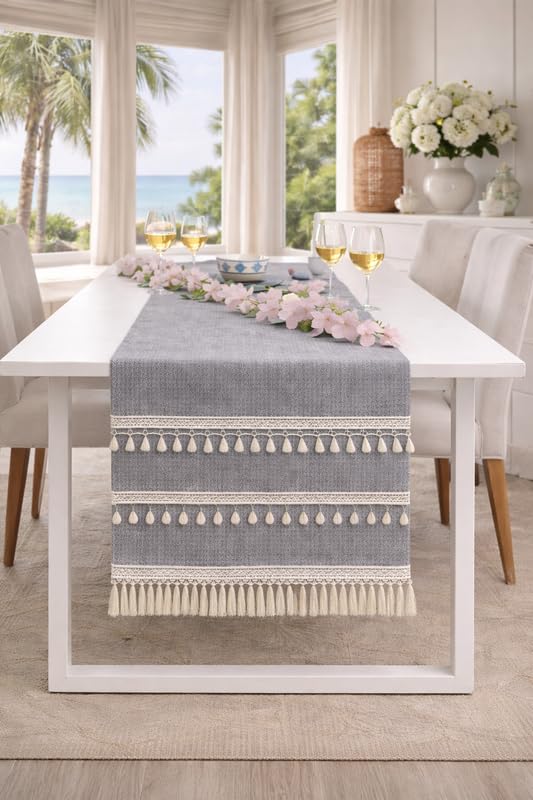 WWW.THROWPILLOW.IN Light Grey Table Runner with Tassels & Kowri 14x72 Inches | Fits 5 Feet TV Unit Cabinet, Center Table, Coffee Table, Dining Table, Entry Console| Diwali Festive Decor 3